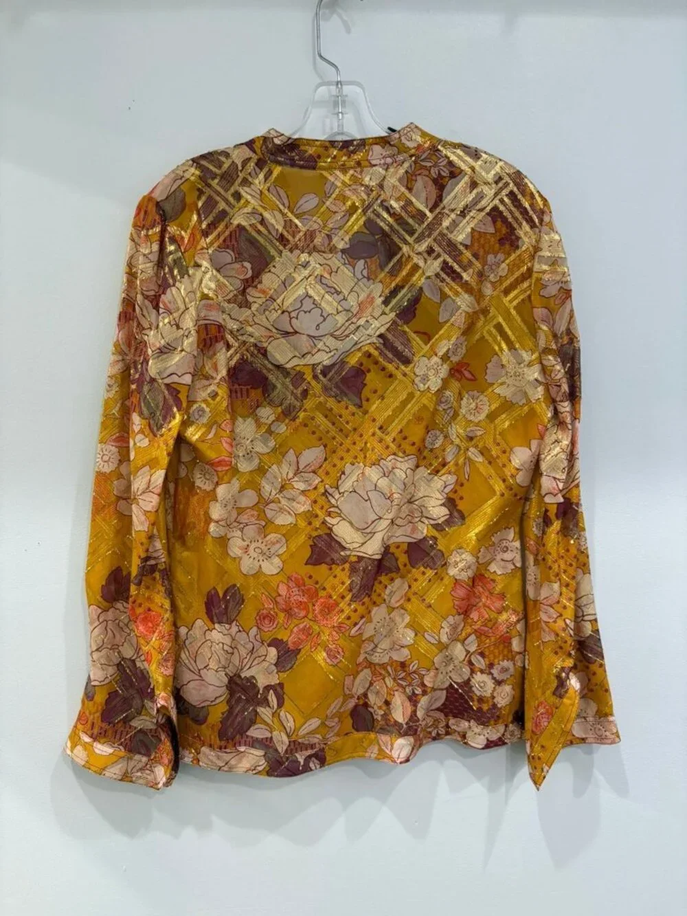 Tory Burch Silk Blend Gold Floral Metallic Sheer Tunic Blouse Size 8